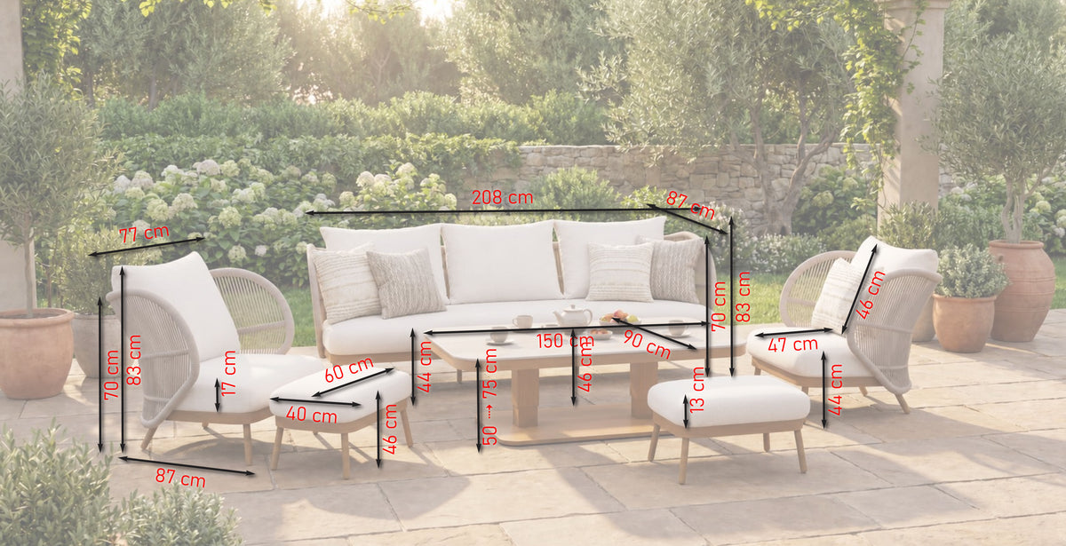 Fabrizio Loungegruppe – Maßskizze für Sofa, Fauteuil, Hocker und höhenverstellbaren Tisch