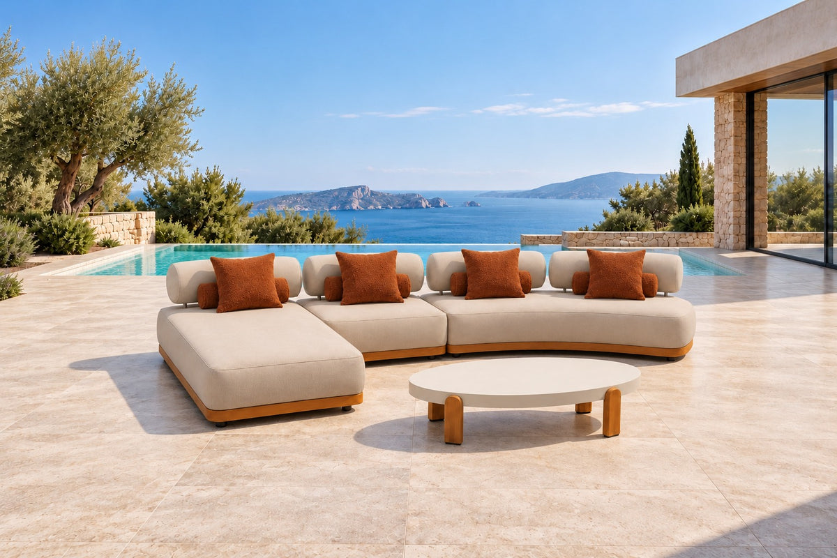 Maxine XL Gartenlounge mit zimtbraunen Dekokissen auf einer Poolterrasse