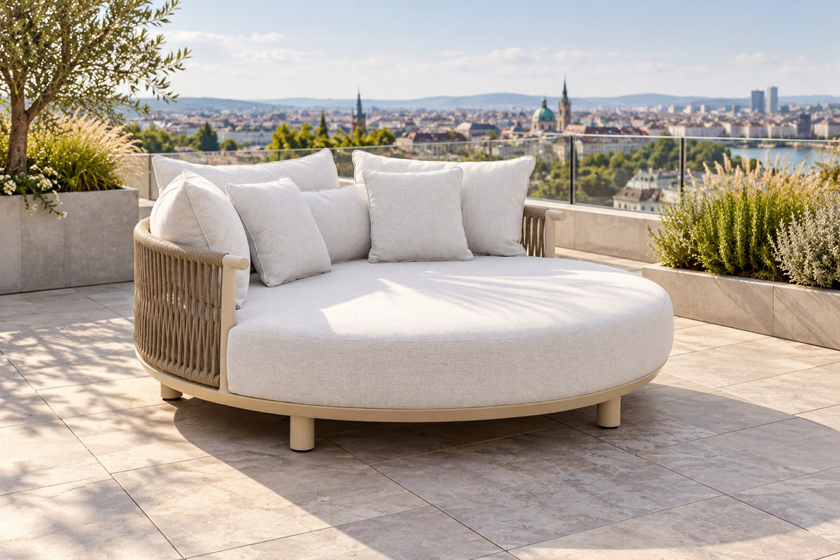 Roxie Daybed in Creme mit hellen Polstern auf einer Dachterrasse