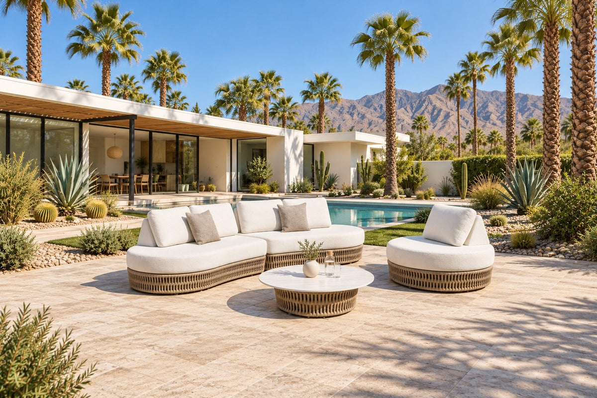 Roxie Gartenlounge mit zwei geschwungenen Zweisitzern und rundem Fauteuil im Garten in Palm Springs