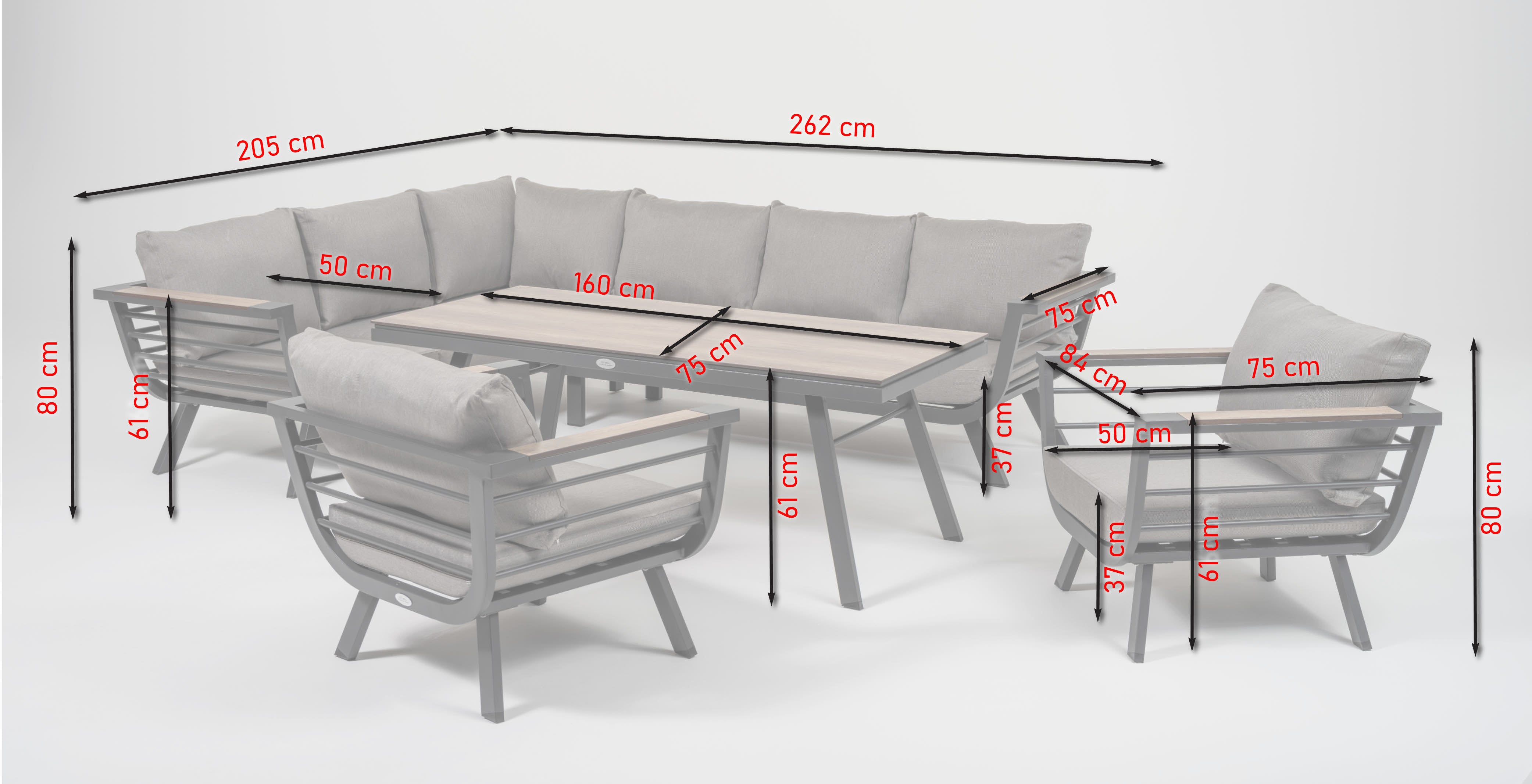 aGarten-Eckbankgruppe Aruna mit anthrazitfarbenem Aluminiumgestell und HPL-Auflagen in Holzoptik, inklusive zwei Fauteuils und Tisch, erhältlich bei Gartenmöbelshop.at