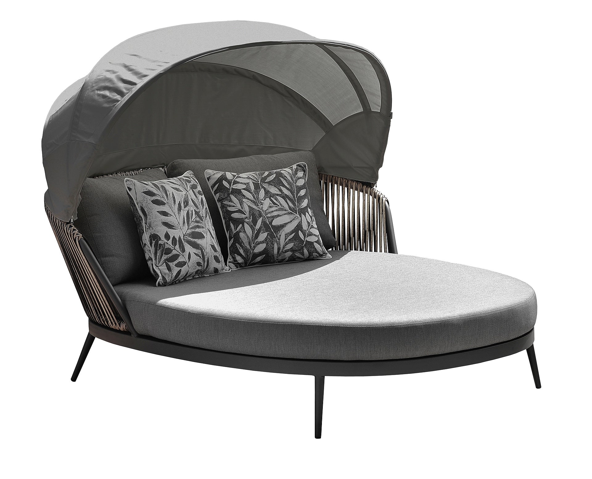 Stilvolles Bradley Daybed mit Aluminiumgestell, naturfarbenen Kunststoffbändern und verstellbarem Sonnendach, ideal für gemütliche Stunden im Freien, verfügbar bei Gartenmöbelshop.at.