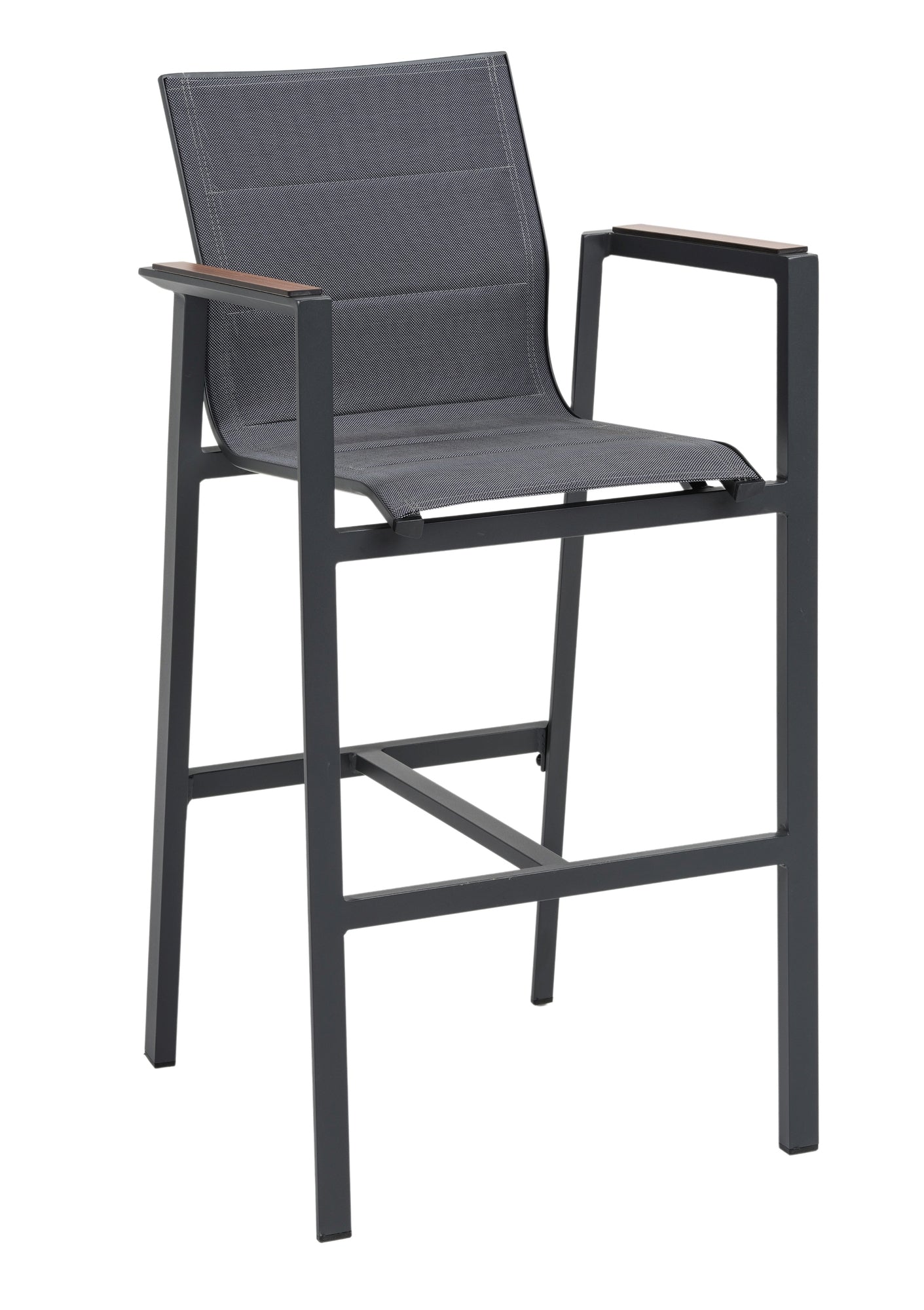 Outdoor-Barhocker Devin mit Aluminiumgestell in Anthrazit, gepolsterter Textilenbespannung und Holzimitat-Armlehnen.