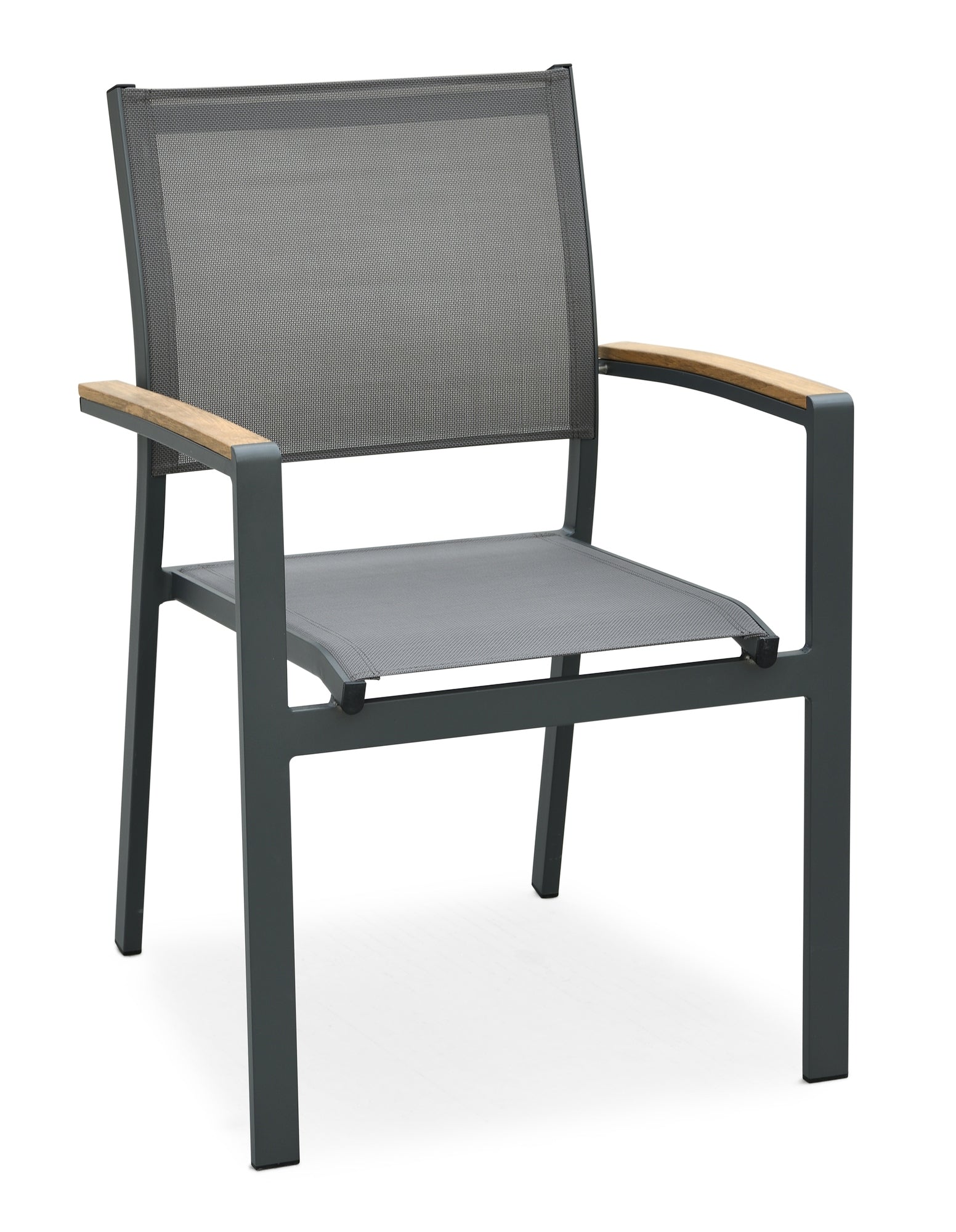 Lea Gartenstuhl in Dunkelgrau mit taupe-grauer Textilenbespannung und Polywood-Armstützen in Teakholz-Optik