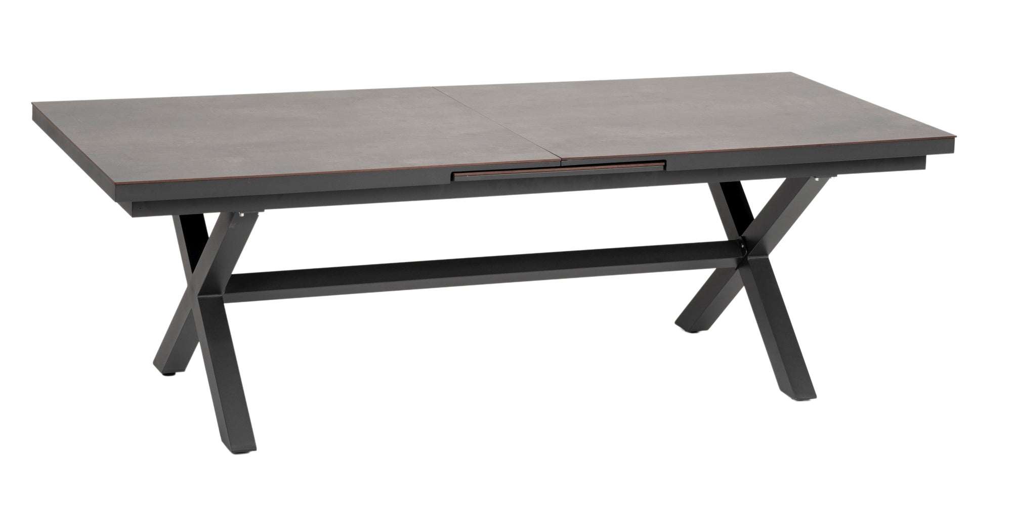 Hochwertiger 'Lexy' Gartentisch in dunkelgrauem Steindekor mit HPL-Platte und Synchronauszug, erhältlich bei Gartenmoebelshop.at