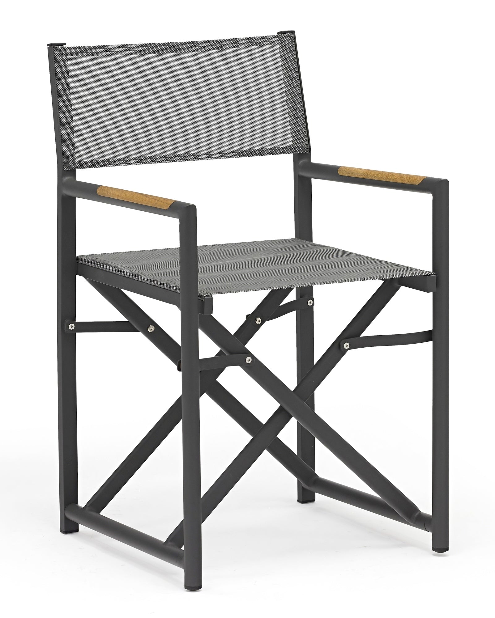 Anthrazitfarbener Polly Garten-Regie-Stuhl mit grauer Textilenbespannung und Teakholz-Armstützen, leicht faltbar und langlebig, erhältlich bei Gartenmöbelshop.at.