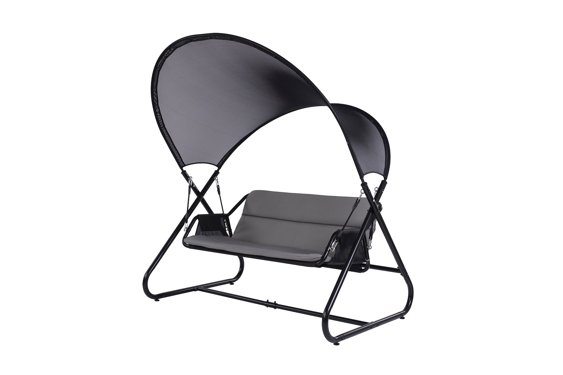 Hängeschaukel Savannah mit stabilem Metallgestell, Sonnendach und weichen grauen Kissen, ideal für zwei Personen.

